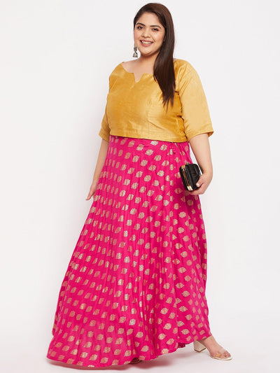 Magenta printed flared rayon skirt with drawstring waistband.