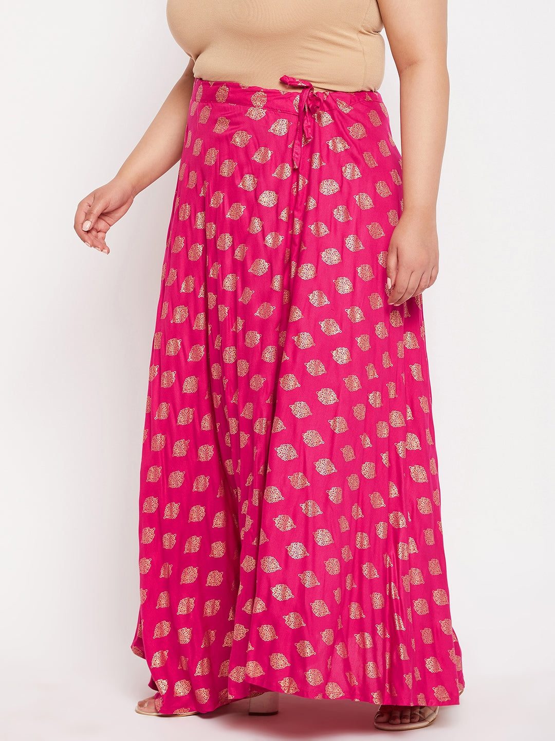 Magenta Printed Flared Rayon Skirt with drawstring waistband.