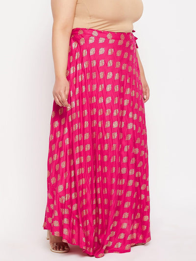 Magenta printed flared rayon skirt with drawstring waistband.