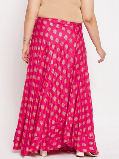 Magenta printed flared rayon skirt with drawstring waistband.