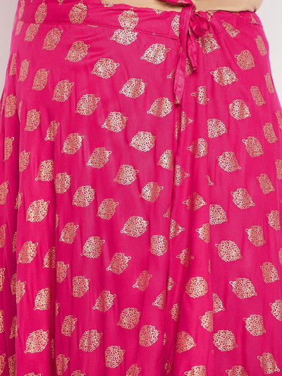 Magenta printed flared rayon skirt with drawstring waistband.