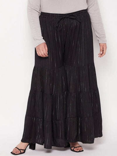 Black striped rayon flared gharara with elastic waistband and drawstring.