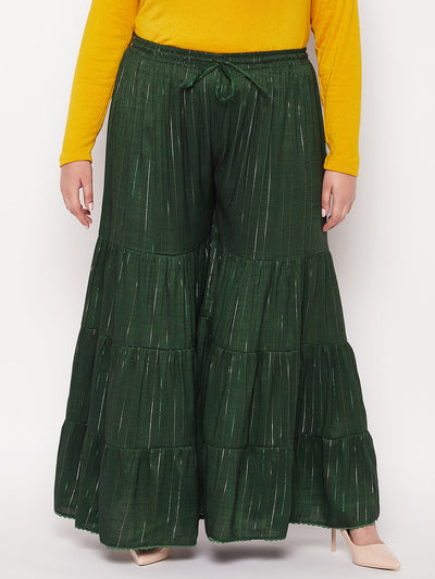 Bottle Green Striped Rayon Flared Gharara with elastic waistband and drawstring.