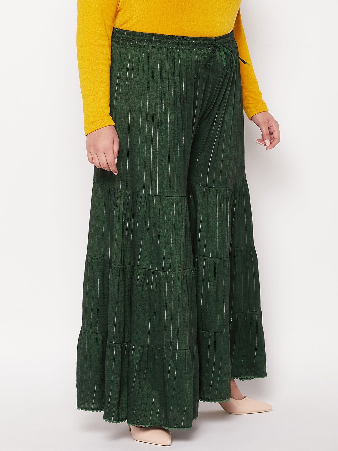 Bottle Green Striped Rayon Flared Gharara