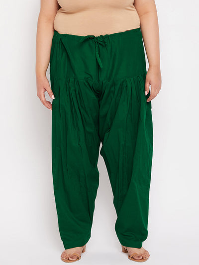 Bottle Green Solid Semi Patiala Cotton Salwar with drawstring waistband.