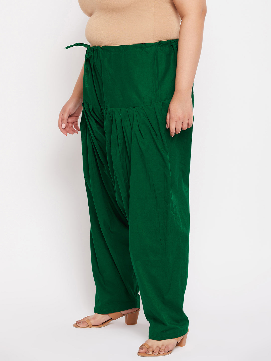 Bottle Green Solid Semi Patiala Cotton Salwar with drawstring waistband.