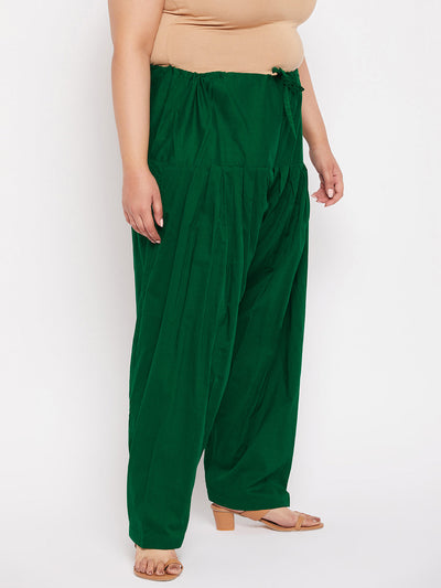 Bottle Green Solid Semi Patiala Cotton Salwar with drawstring waistband.
