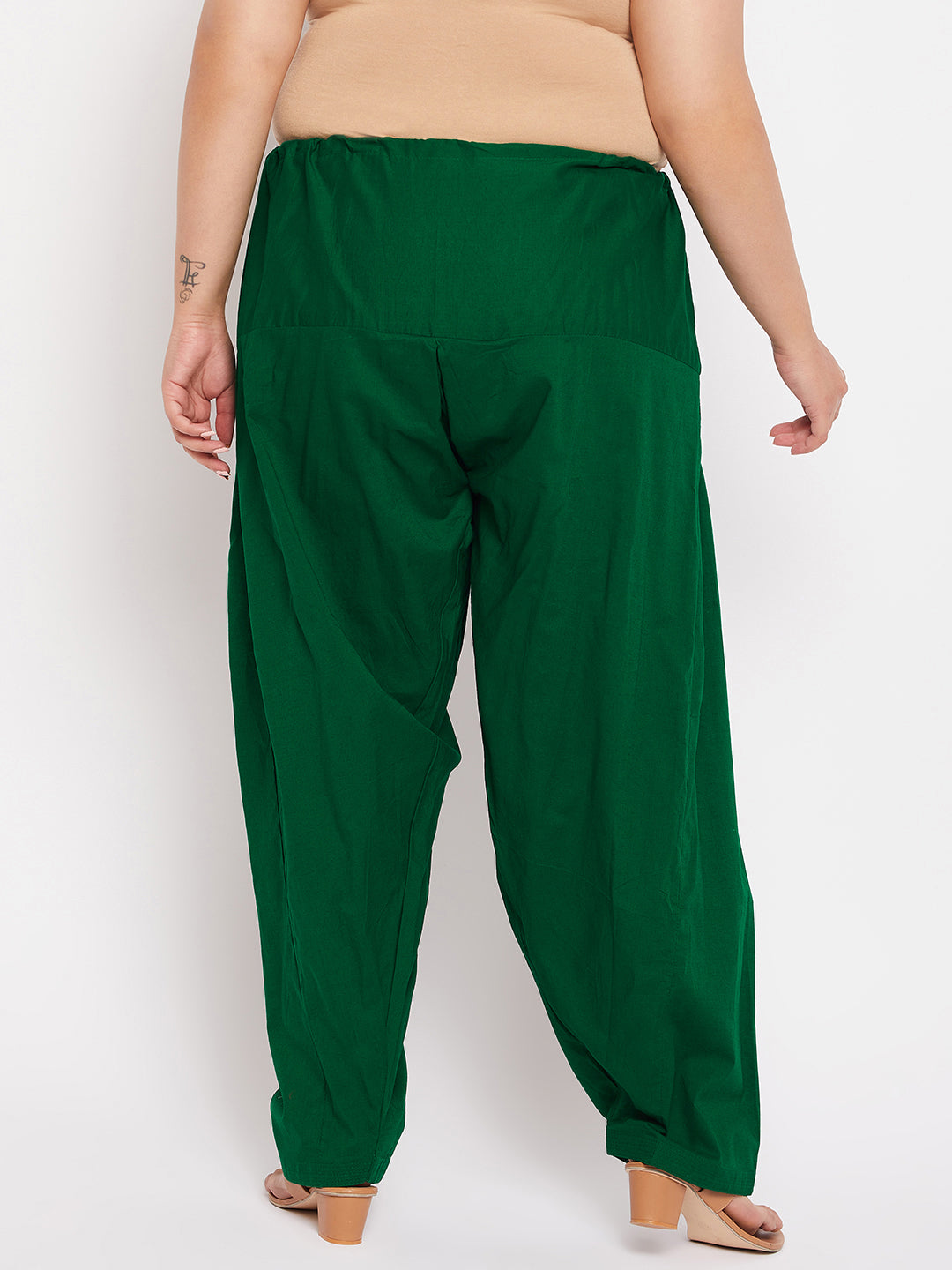 Bottle Green Solid Semi Patiala Cotton Salwar with Drawstring Waistband
