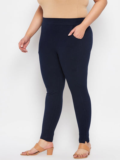 Navy Blue Solid Ankle Length Leggings