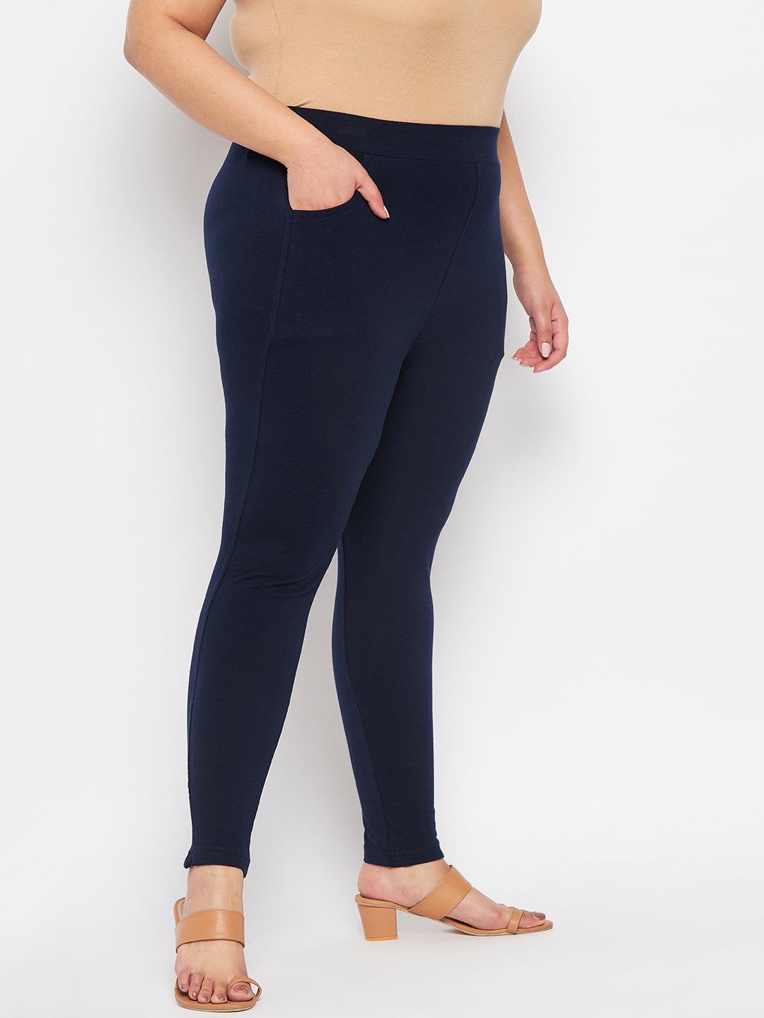 Navy Blue Solid Ankle Length Leggings