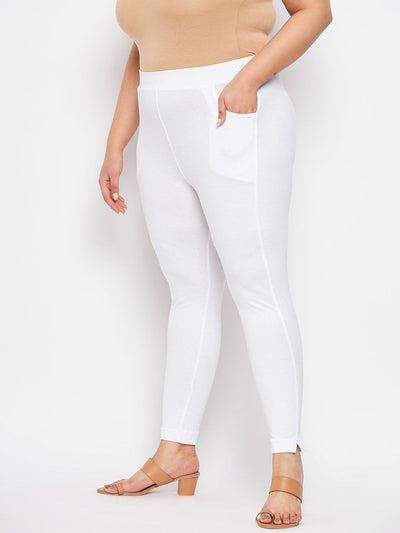 White Solid Ankle Length Leggings