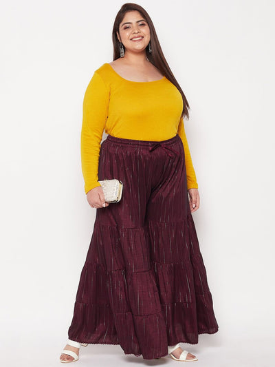 Wine Striped Rayon Flared Gharara with elasticated waistband and drawstring.