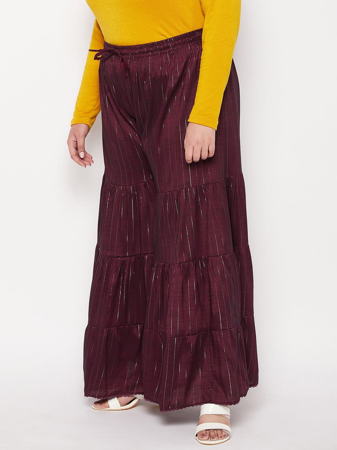 Wine Striped Rayon Flared Gharara with elastic waistband and drawstring.