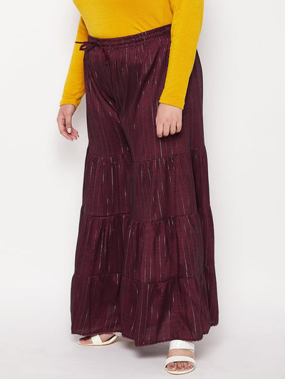 Wine Striped Rayon Flared Gharara with elastic waistband and drawstring.