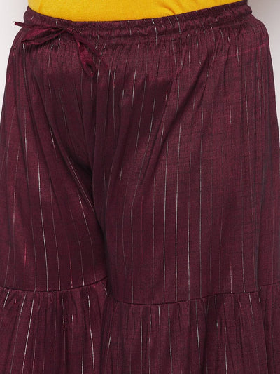 Wine striped rayon flared gharara with elasticated waistband and drawstring.