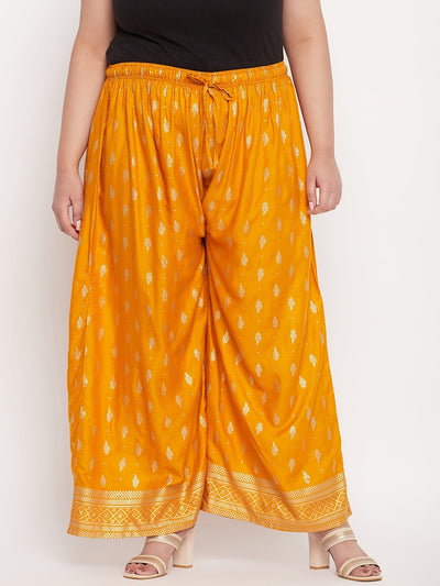 Mustard printed wide leg rayon palazzo with elasticated waistband and drawstring.