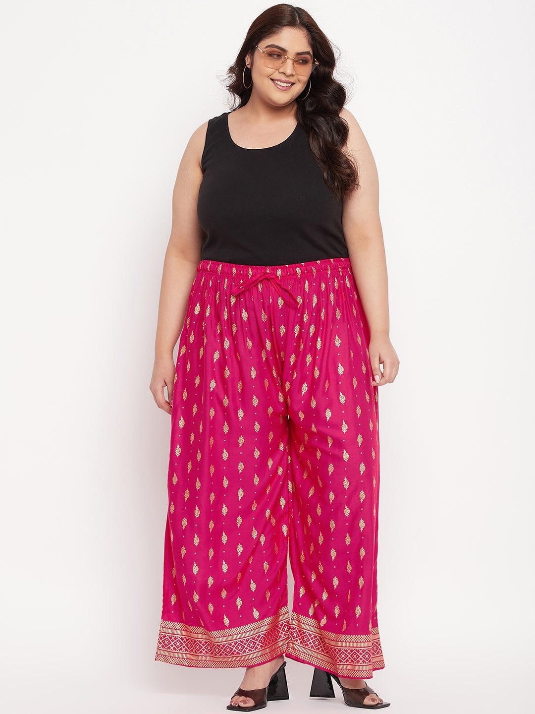 Magenta Printed Wide Leg Rayon Palazzo