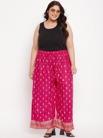 Magenta Printed Wide Leg Rayon Palazzo