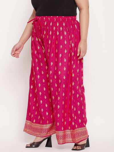 Magenta Printed Wide Leg Rayon Palazzo