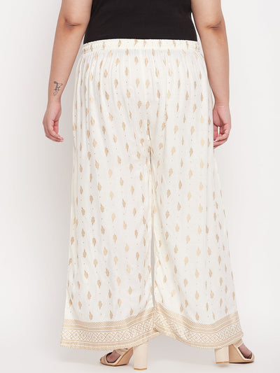 Cream Printed Wide Leg Rayon Palazzo with elasticated waistband and drawstring.