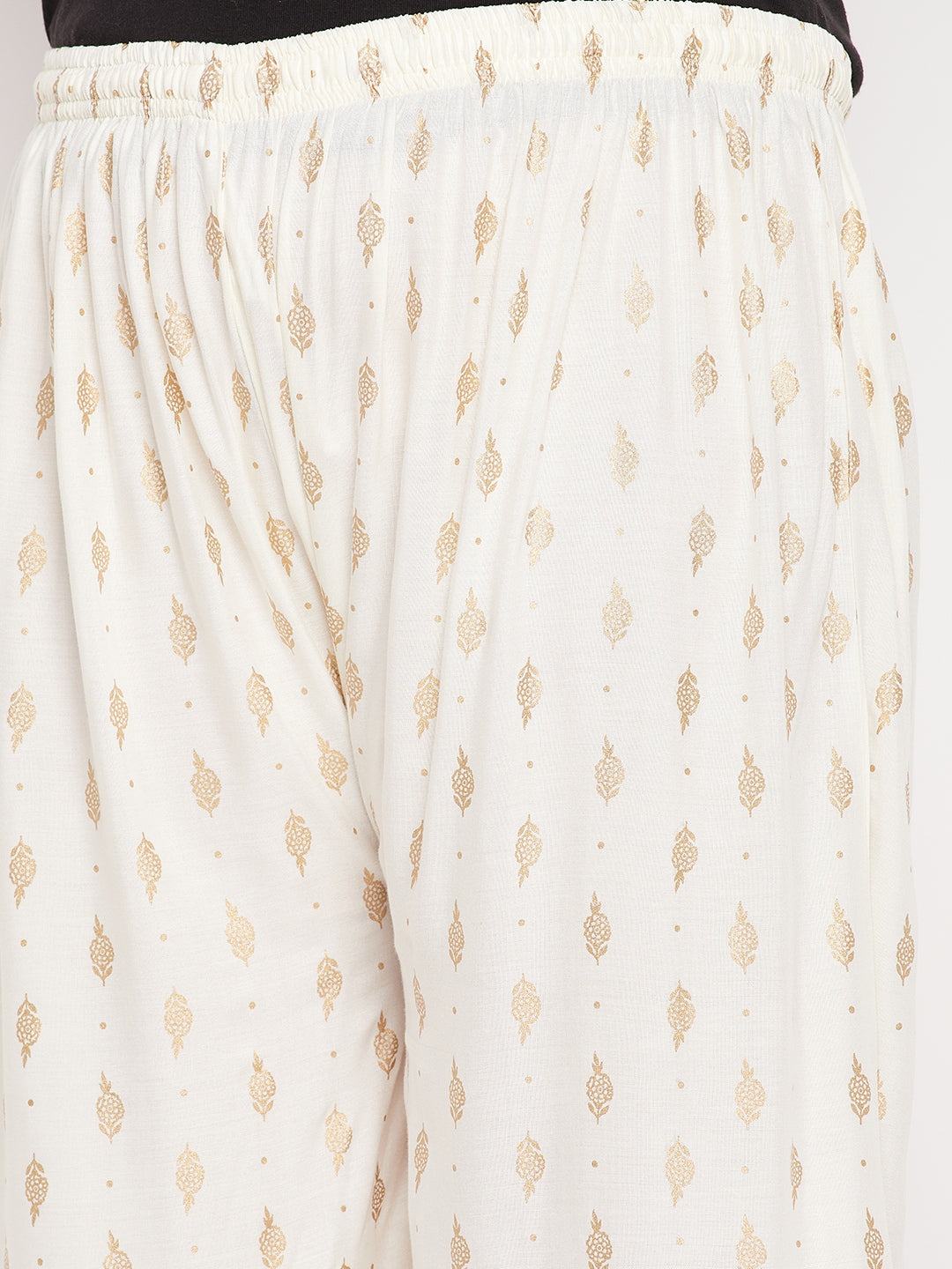 Cream printed wide leg rayon palazzo with elasticated waistband and drawstring.