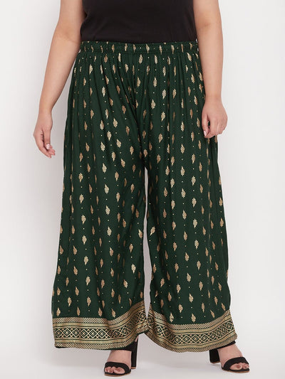 Bottle Green Printed Wide Leg Rayon Palazzo with drawstring waistband.