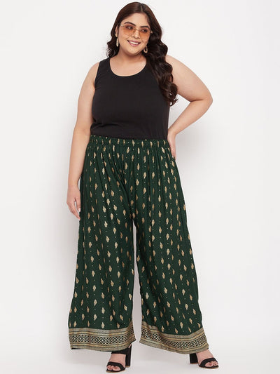 Bottle Green Printed Wide Leg Rayon Palazzo