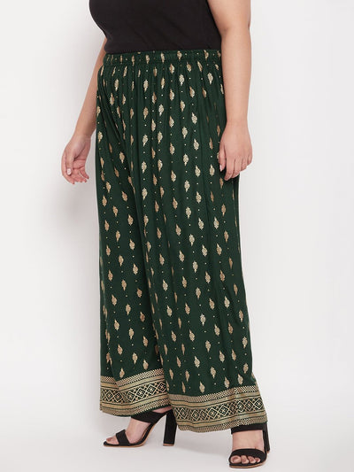 Bottle Green Printed Wide Leg Rayon Palazzo