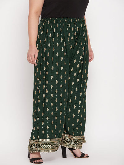 Bottle Green Printed Wide Leg Rayon Palazzo