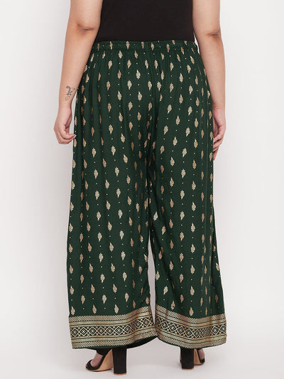 Bottle Green Printed Wide Leg Rayon Palazzo