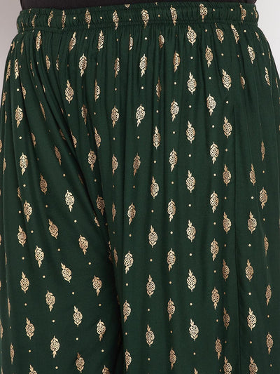 Bottle Green Printed Wide Leg Rayon Palazzo