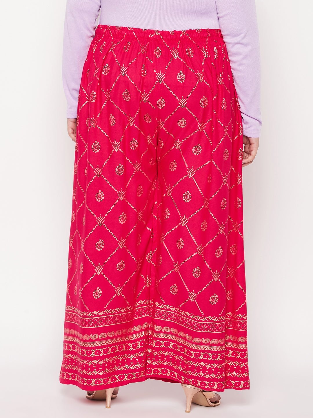 Magenta printed rayon palazzo with elasticated waistband and drawstring.