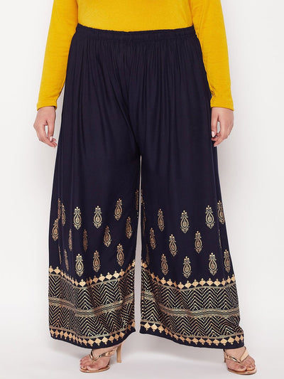 Navy Blue Gold Printed Rayon Palazzo