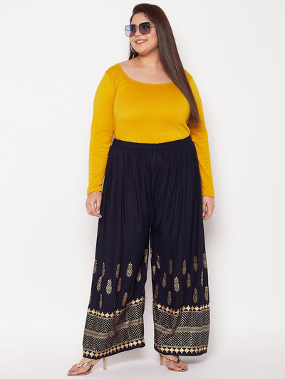Navy Blue Printed Wide Leg Rayon Palazzo