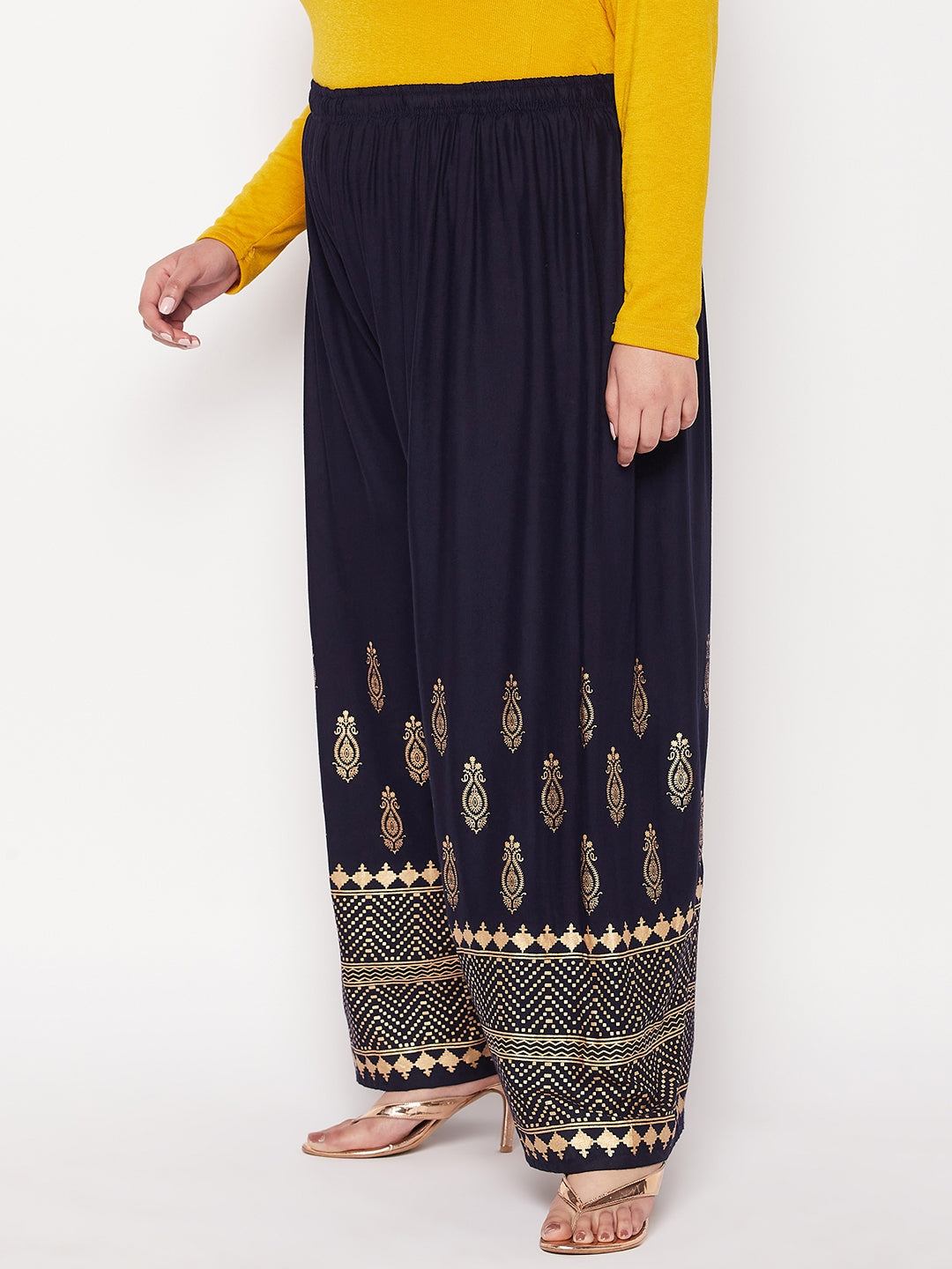 Navy Blue Printed Wide Leg Rayon Palazzo