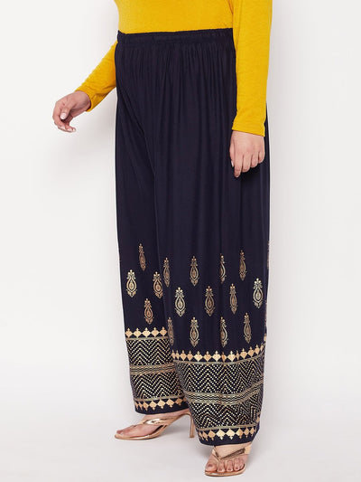 Navy Blue Printed Wide Leg Rayon Palazzo