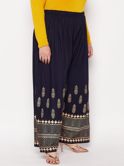 Navy Blue Printed Wide Leg Rayon Palazzo