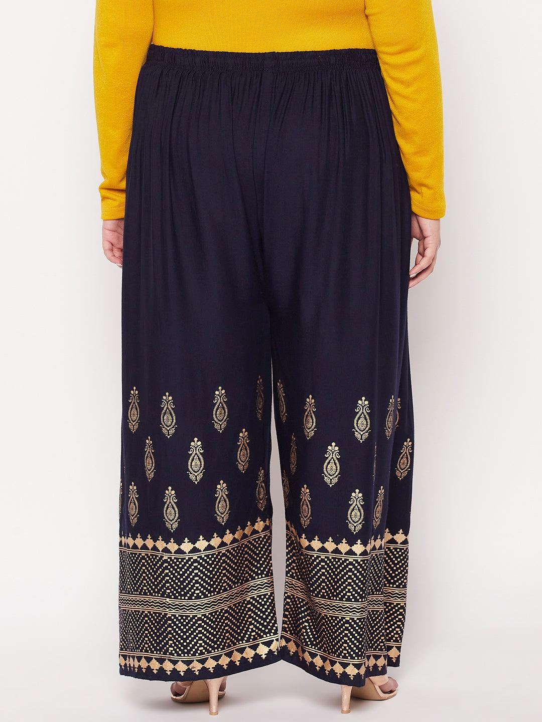 Navy Blue Printed Wide Leg Rayon Palazzo