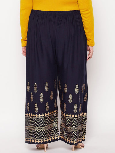 Navy Blue Printed Wide Leg Rayon Palazzo