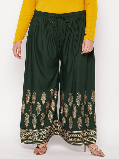 Bottle Green Printed Rayon Palazzo with elastic waistband and drawstring.