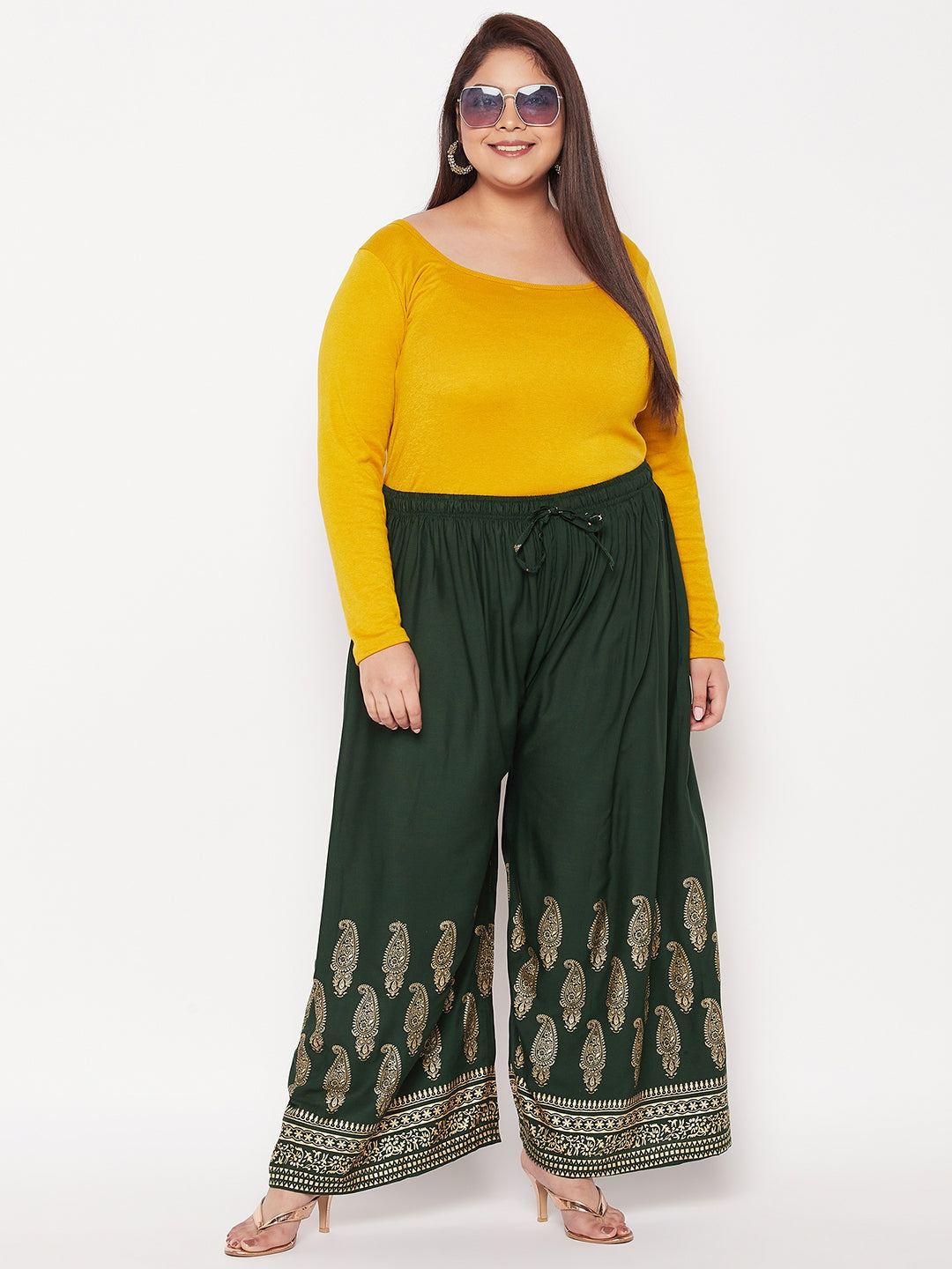 Bottle Green Printed Rayon Palazzo with elasticated waistband.