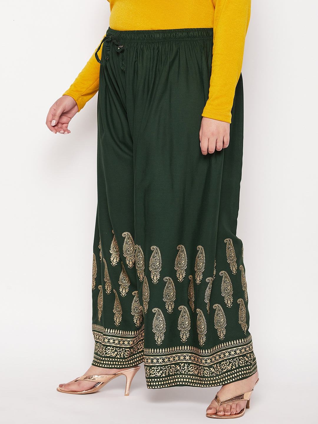 Bottle Green Printed Rayon Palazzo with elasticated waistband and drawstring.