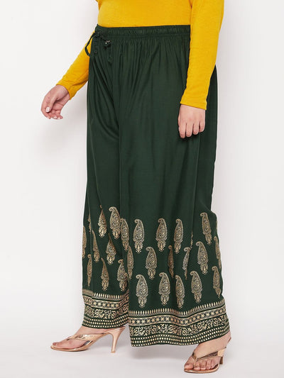 Bottle Green Printed Rayon Palazzo with elasticated waistband and drawstring.