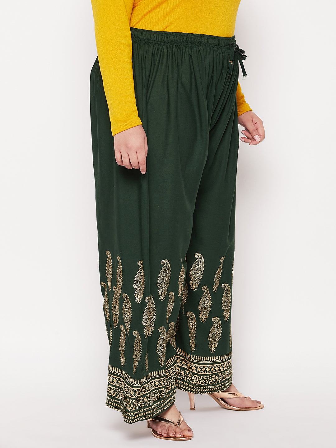Bottle green printed wide leg rayon palazzo with elasticated waistband and drawstring.
