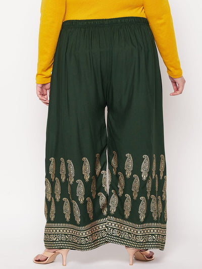 Bottle Green Printed Rayon Palazzo with Elasticated Waistband and Drawstring