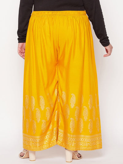 Mustard printed rayon palazzo with elasticated waistband and drawstring.