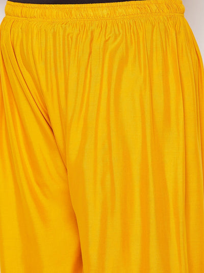 Mustard printed rayon palazzo with elasticated waistband and drawstring.