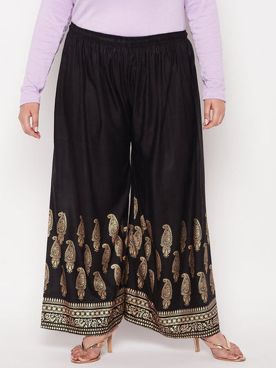 Black printed rayon palazzo with elasticated waistband and wide leg design.