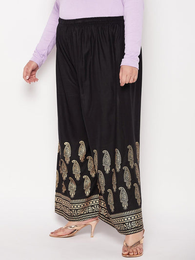 Black printed rayon palazzo with elasticated waistband and drawstring.