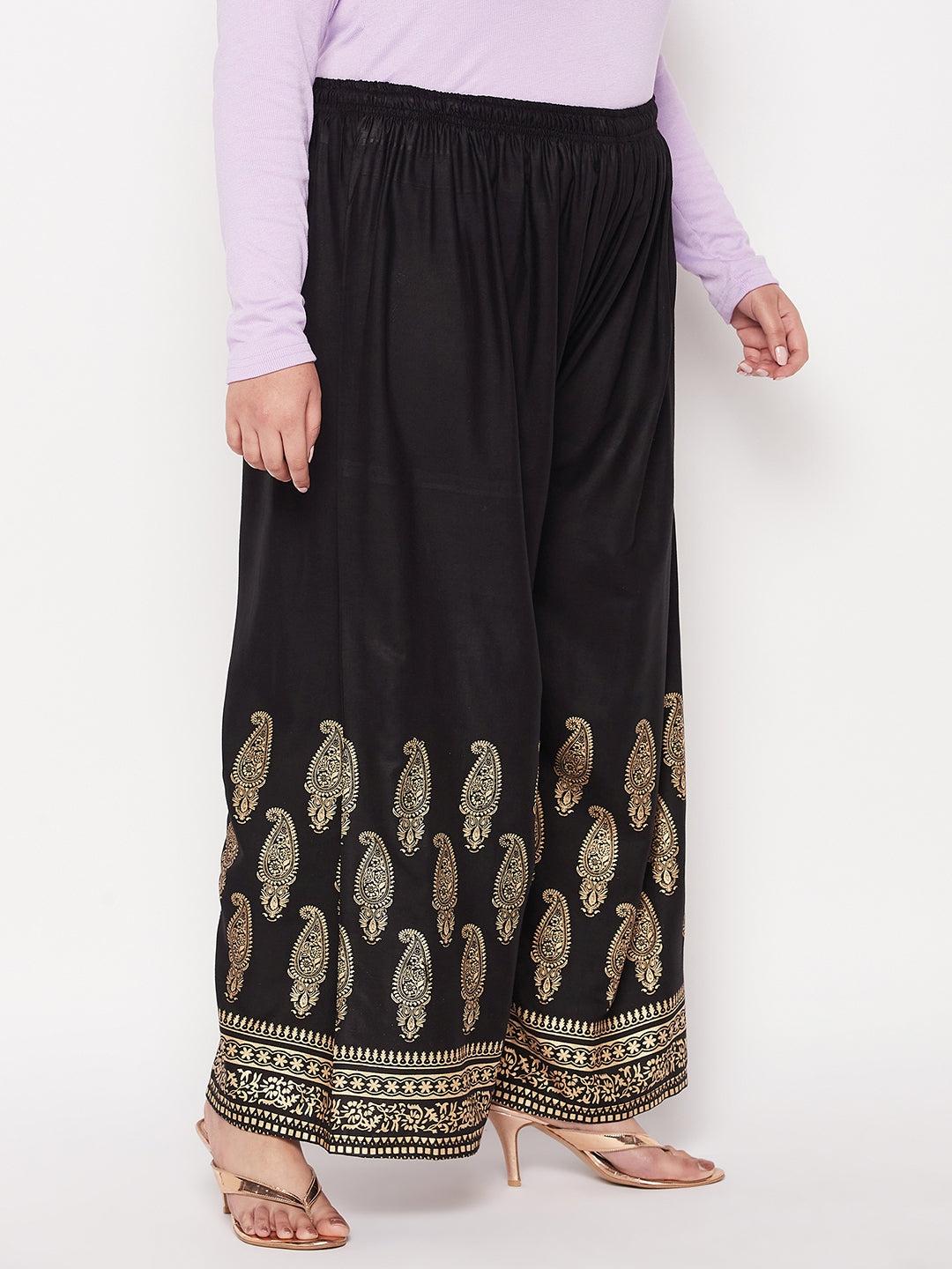 Black Printed Rayon Palazzo with elasticated waistband and drawstring.